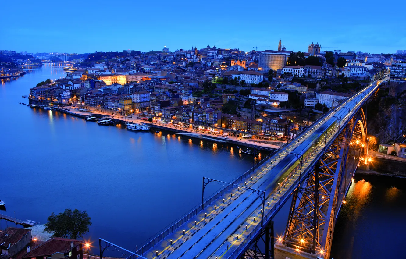 Фото обои мост, city, река, улица, дома, вечер, Португалия, архитектура