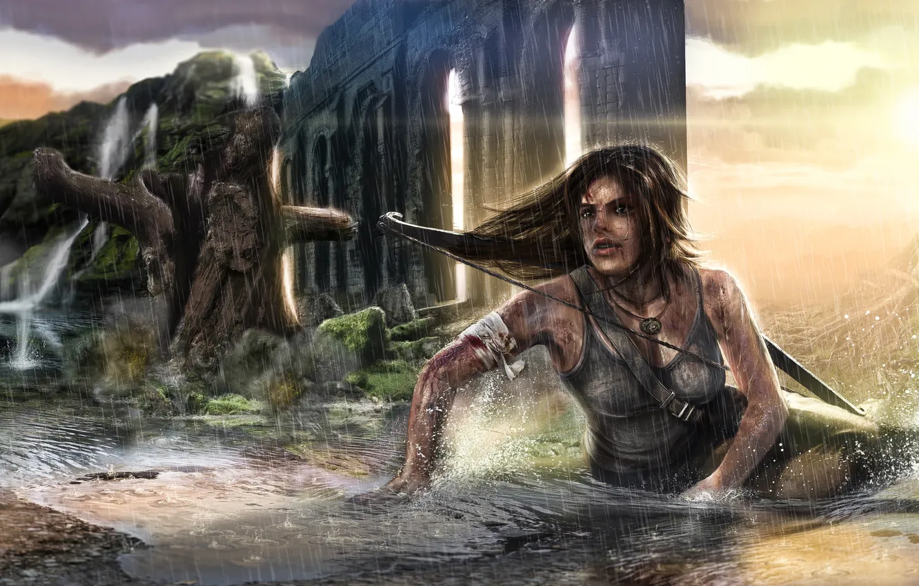 Фото обои девушка, дождь, Tomb Raider, крофт, лара