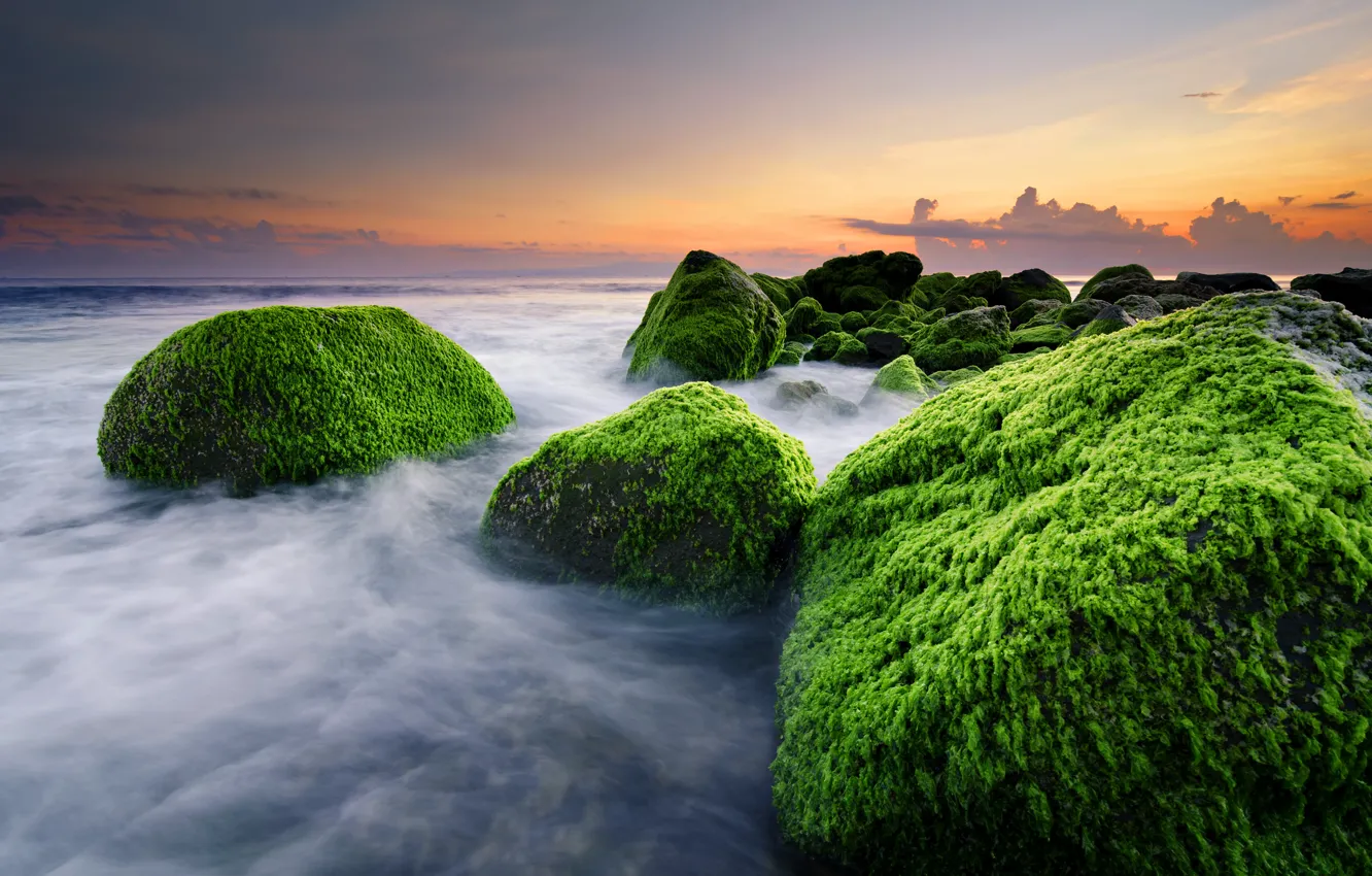 Фото обои пляж, камни, океан, Bali, Indonesia, Masceti Beach, водросли, Ketewel
