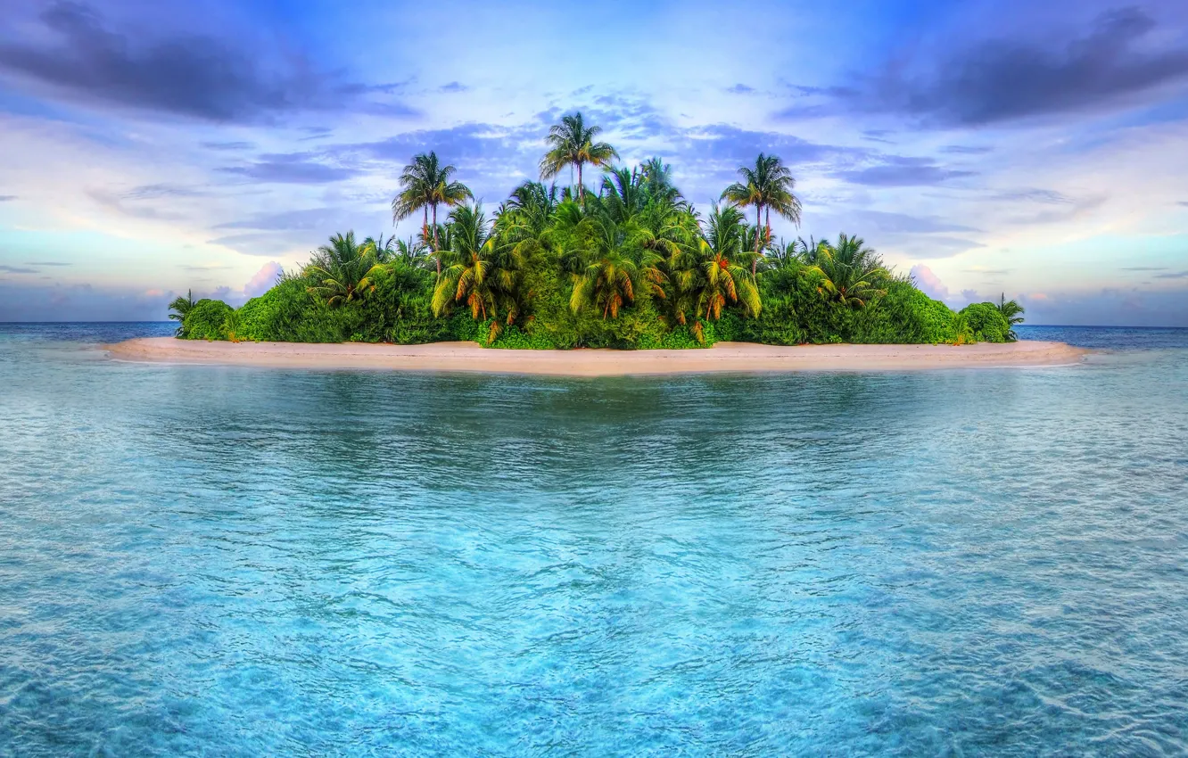 Фото обои море, пляж, небо, деревья, пейзаж, природа, пальмы, островок