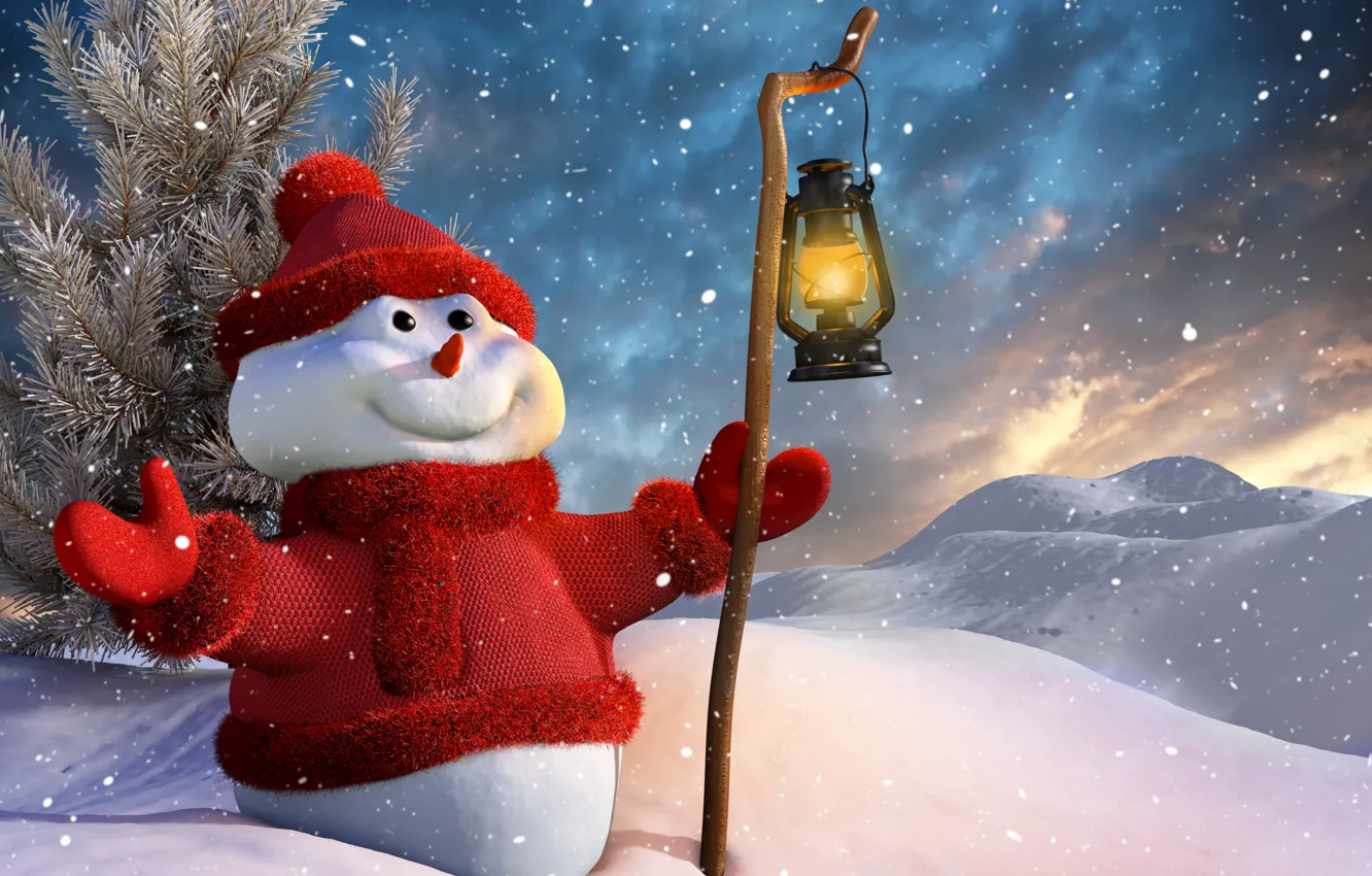 Фото обои зима, улыбка, рождество, фонарь, Новый год, снеговик, christmas, smile