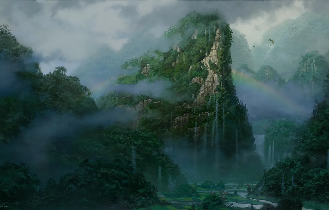 Фото обои пейзаж, горы, туман, скалы, водопад, радуга, арт, парашют