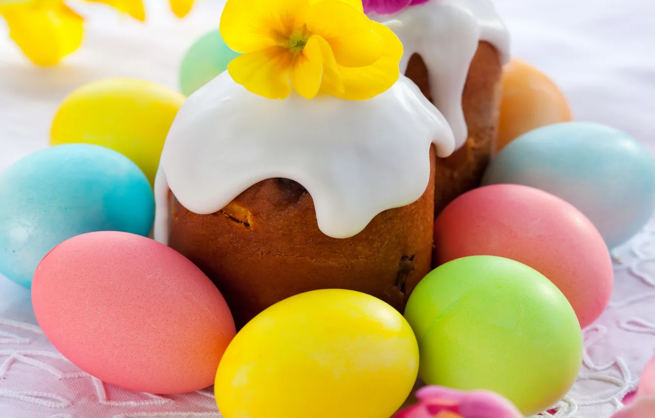 Фото обои яйца, Пасха, cake, кулич, flowers, выпечка, глазурь, spring