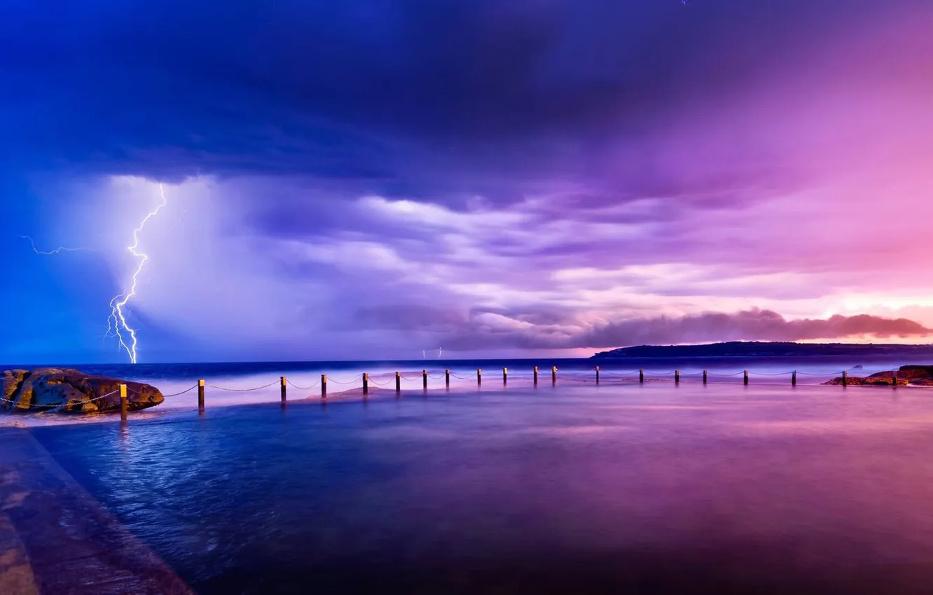 Фото обои Nature, Clouds, Sky, Purple, Lightning, Water, Beauty, Sea