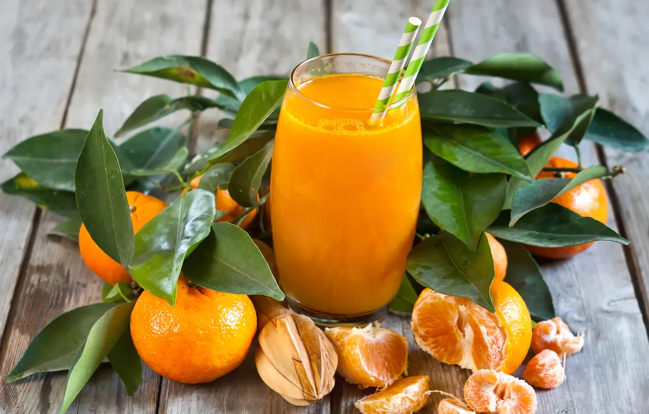 Фото обои стакан, сок, фрукты, цитрусы, фреш, мандарины