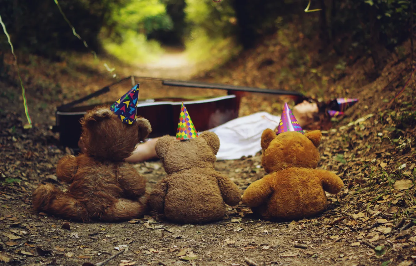 Фото обои лес, девушка, мишки, колпаки, контрабас, мягкие игрушки
