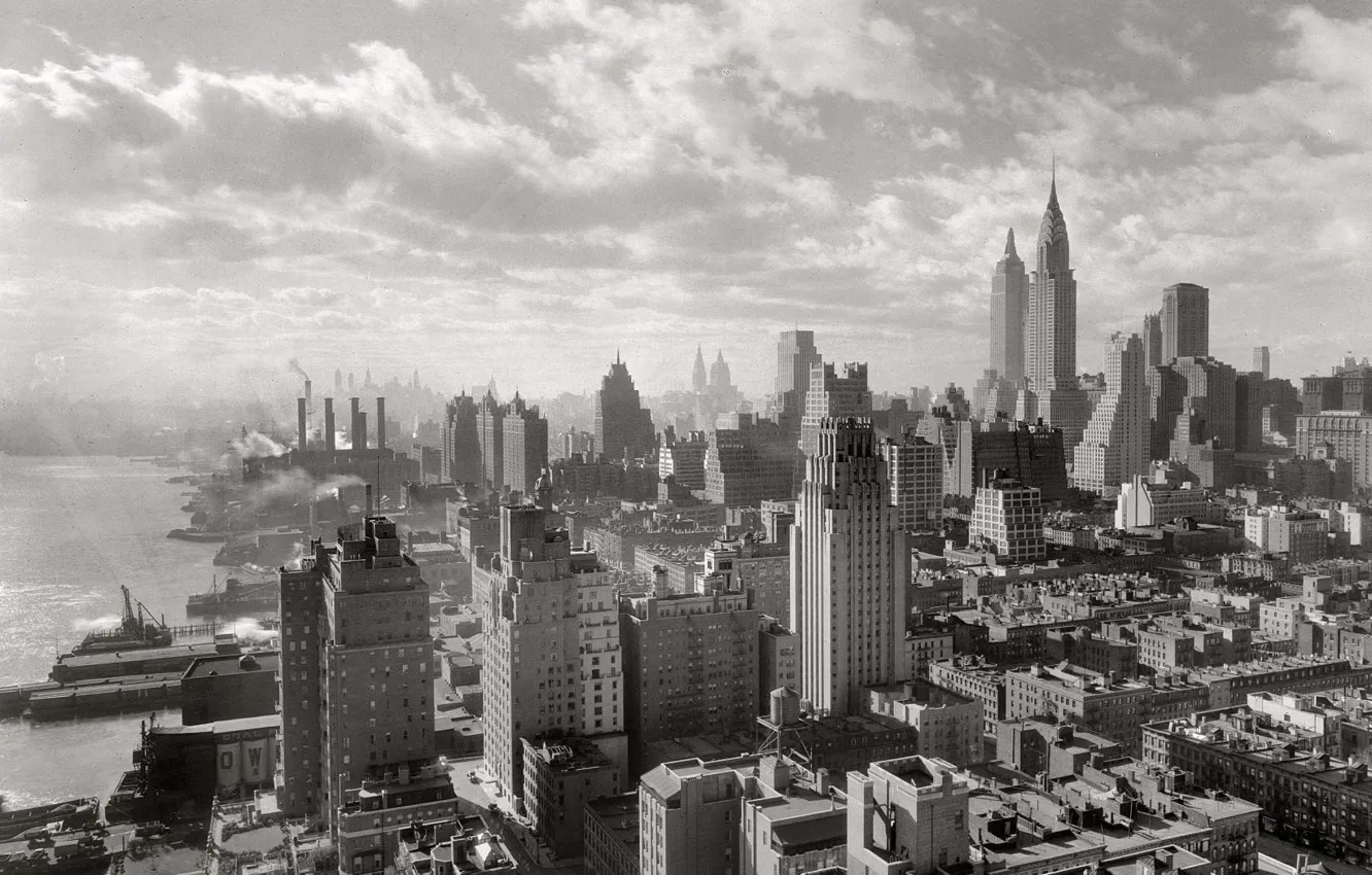 Фото обои город, фото, здания, дома, чёрно-белое, Нью-Йорк, небоскребы, картинка