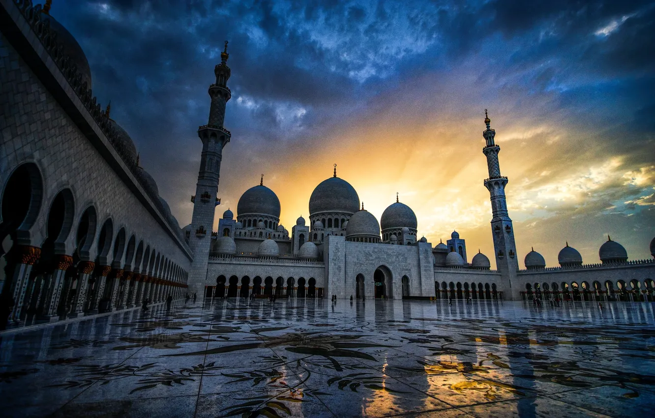 Фото обои закат, Abu Dhabi, ОАЭ, Мечеть шейха Зайда, Абу-Даби, UAE, Sheikh Zayed Grand Mosque
