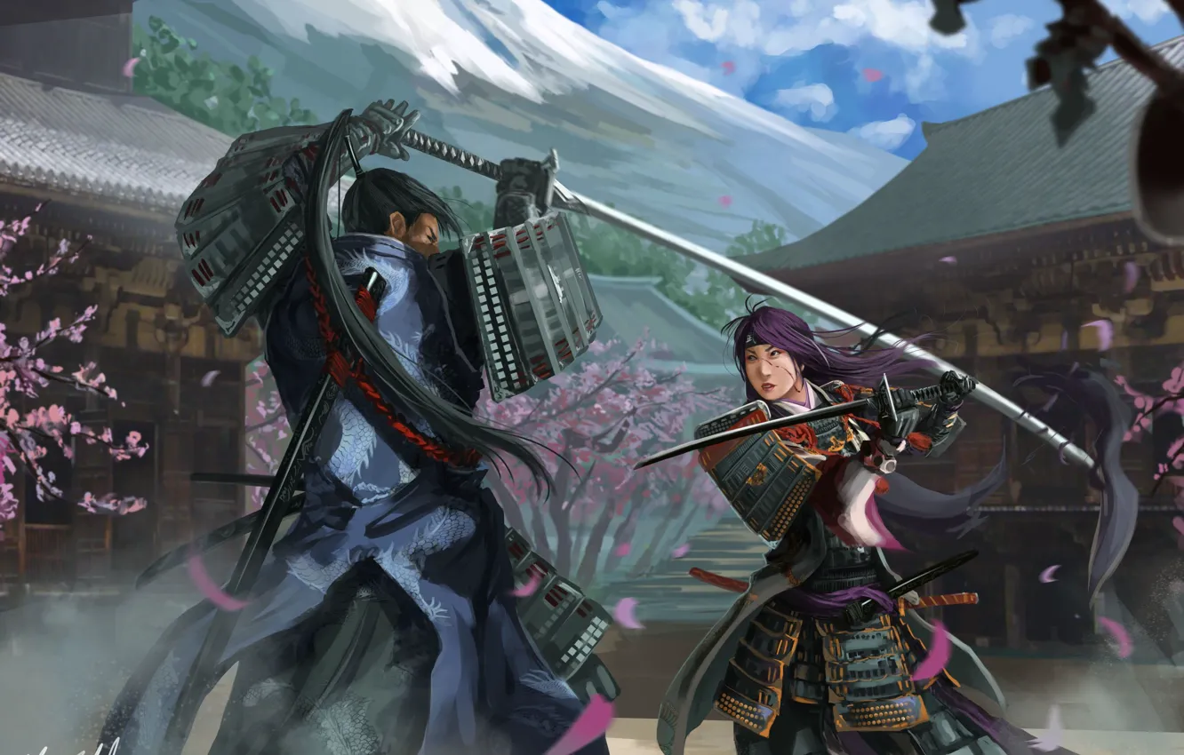 Фото обои девушка, оружие, азия, гора, дома, сакура, арт, броня