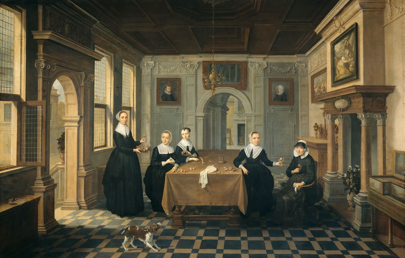 Фото обои картина, жанровая, Дирк ван Делен, Интерьер с Пятью Дамами