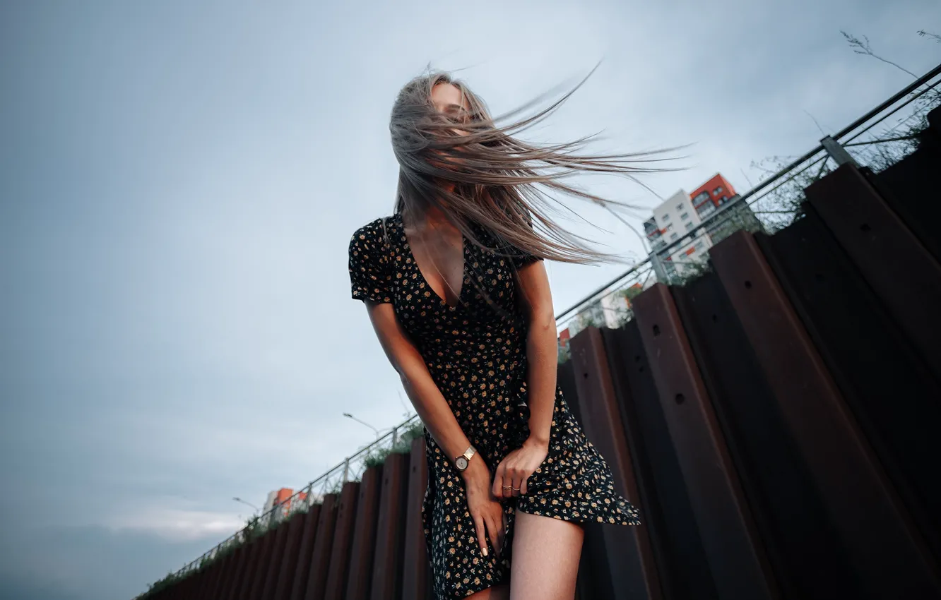 Фото обои sky, long hair, dress, clouds, model, women, brunette, wind