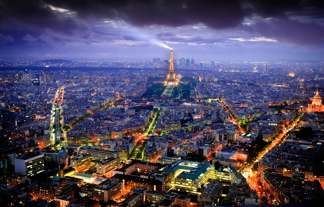 Фото обои ночь, город, огни, Франция, Париж, вид, здания, башня