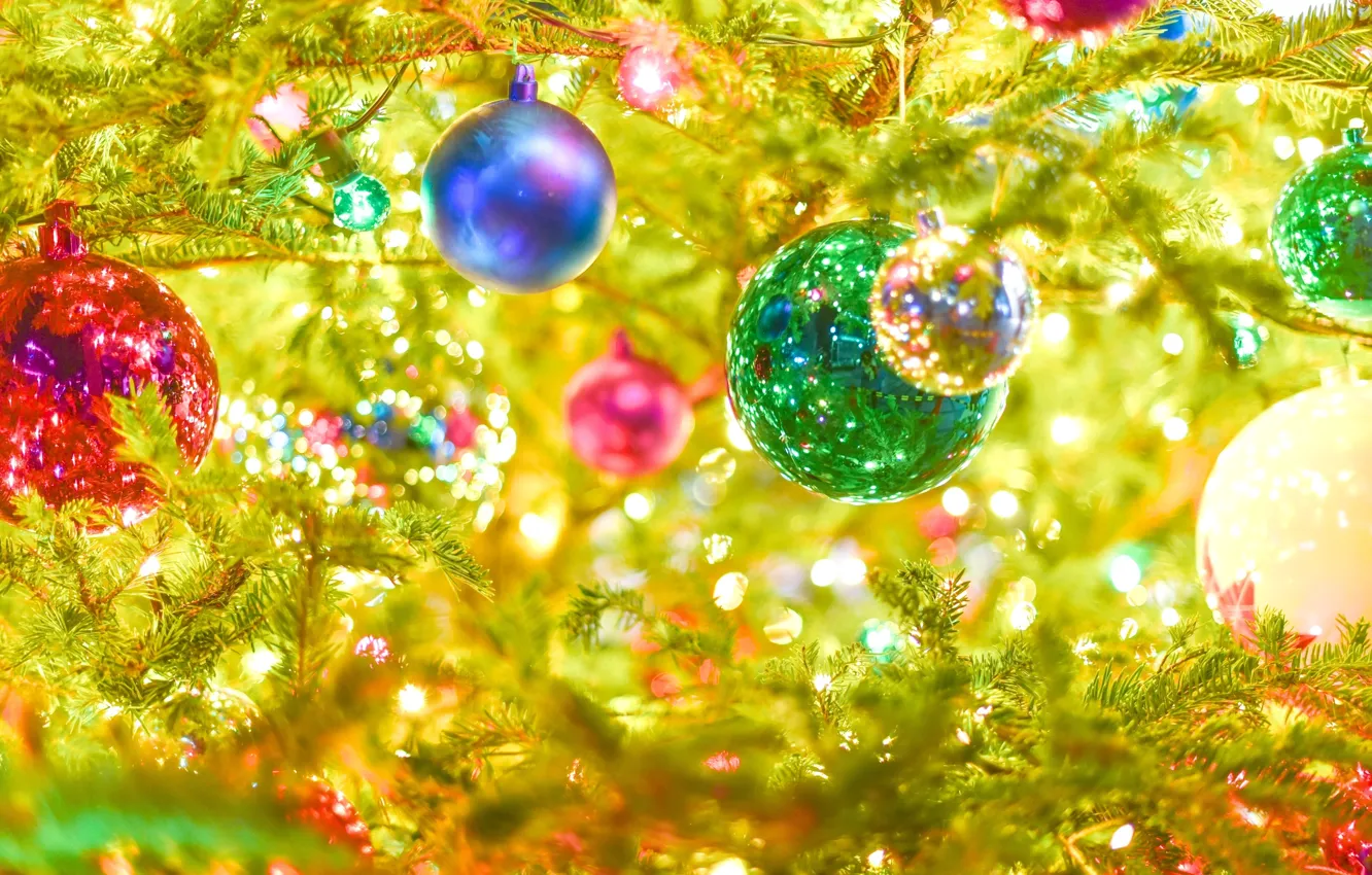 Фото обои цвета, шарики, блики, отражение, праздник, ветви, краски, игрушки