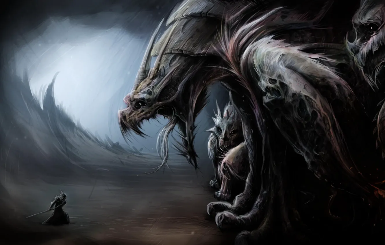 Фото обои дракон, воин, арт