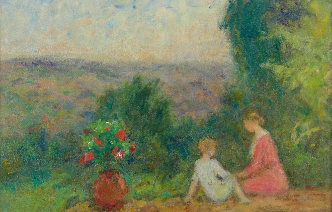 Фото обои цветы, природа, картина, Georges d`Espagnat, Пейзаж с Матерью и Ребенком