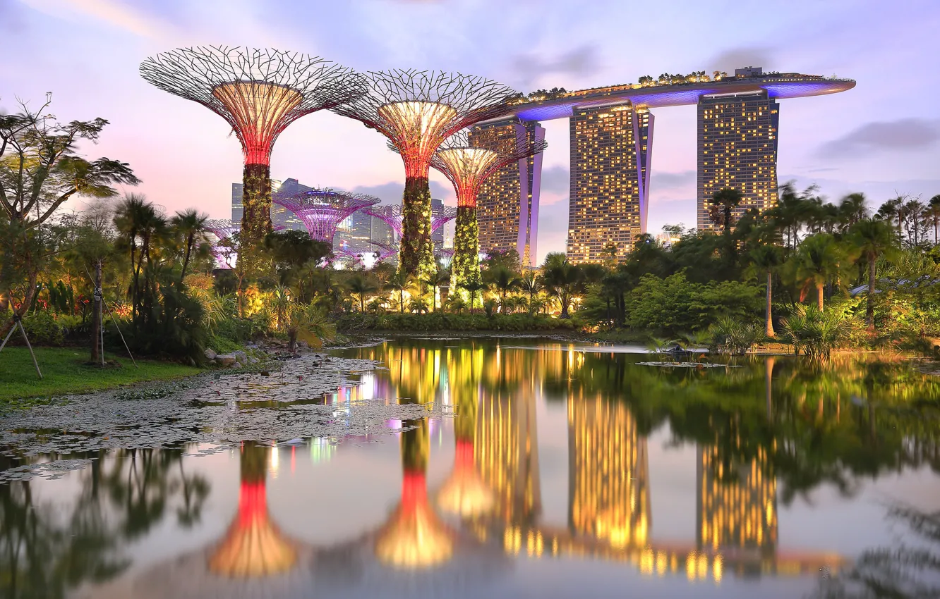 Фото обои пруд, парк, Сингапур, отель, Singapore, Marina Bay Sands, Gardens by the Bay, Parks