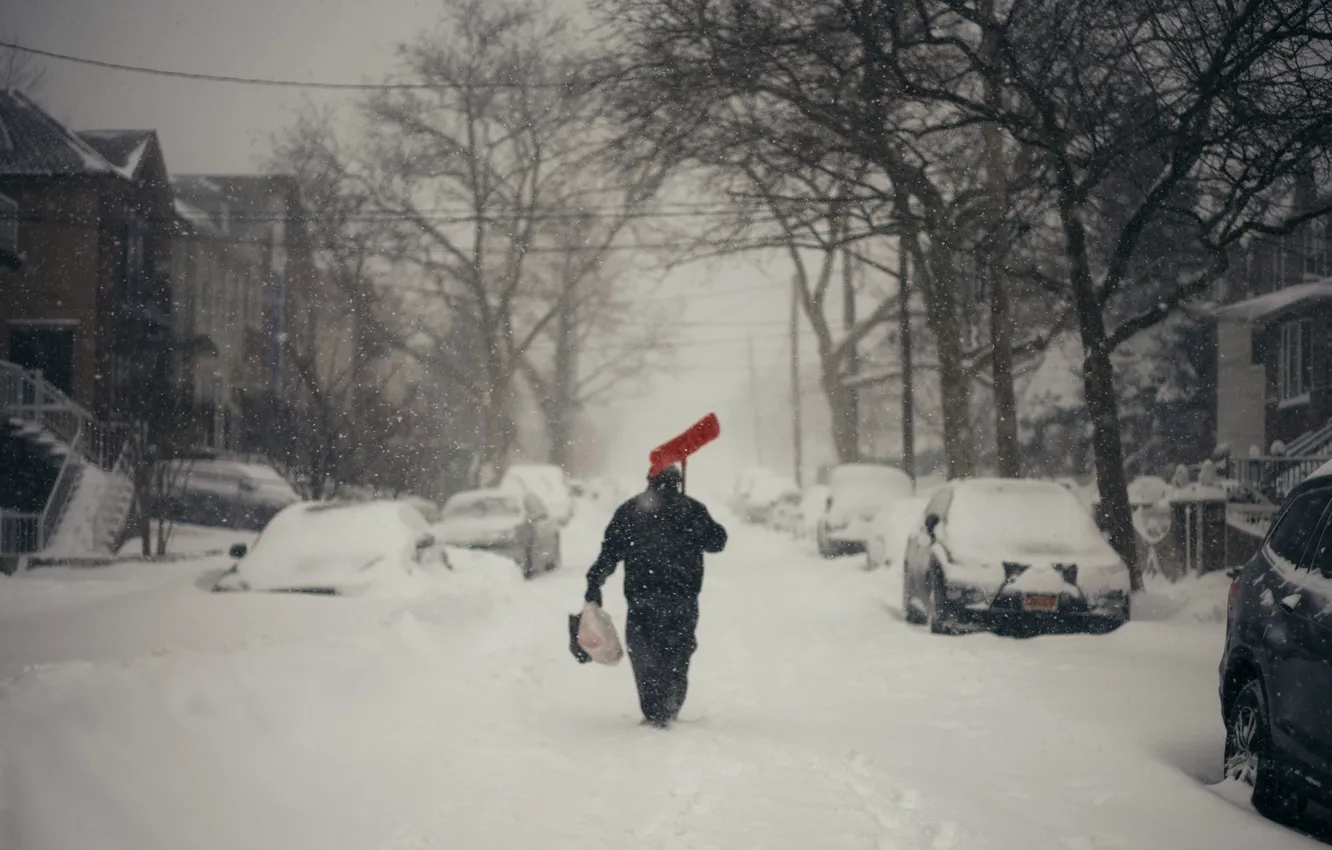 Фото обои winter, man, walking, snowing
