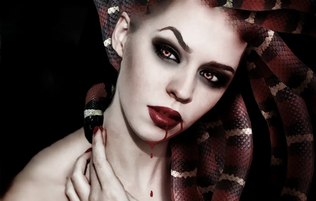 Фото обои змеи, девушка, лицо, фон, кровь, макияж, арт, Medusa