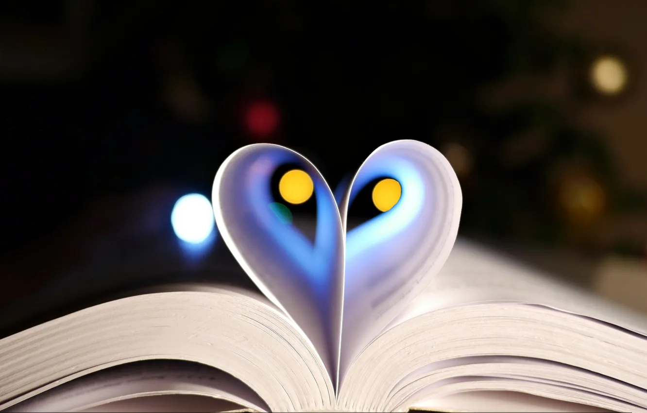Фото обои сердце, листы, книга, страницы, боке