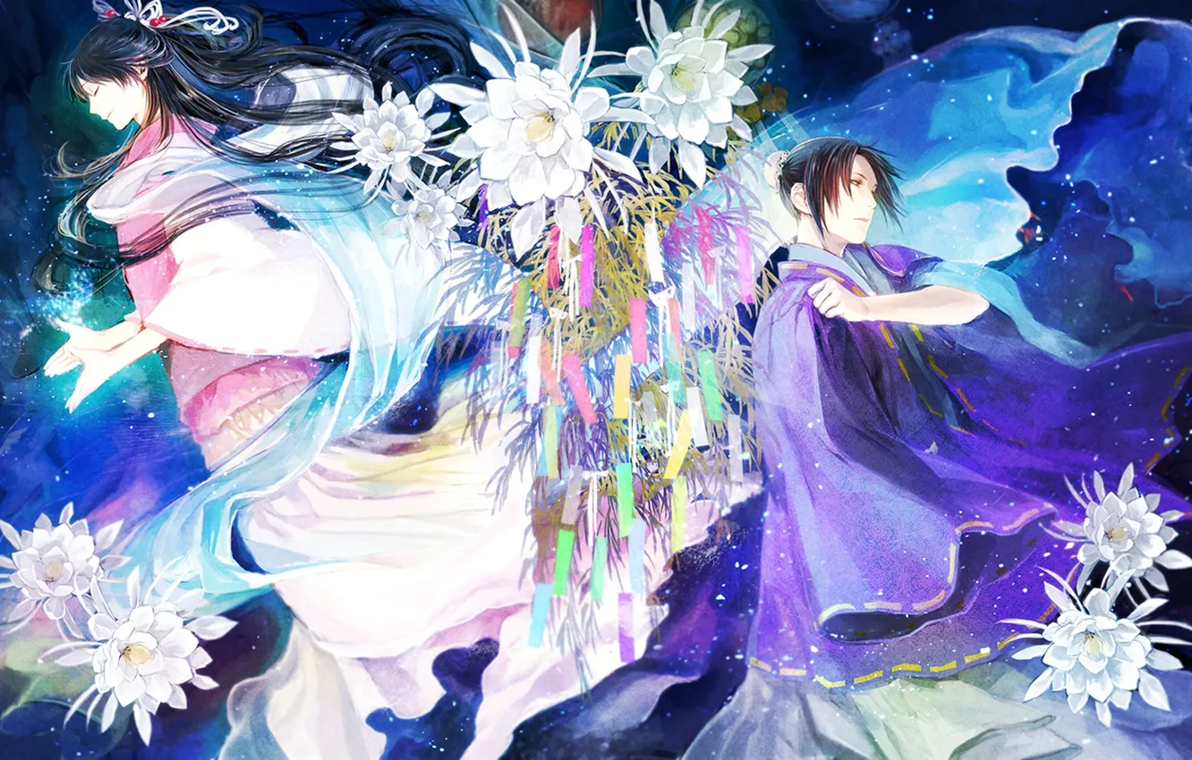 Фото обои листья, цветы, лотос, парень, богиня, Altair, Orihime, Hikoboshi