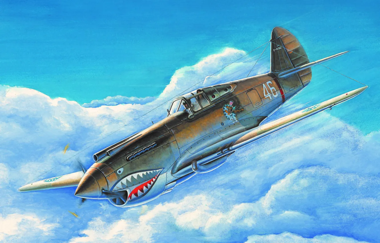 Фото обои war, art, airplane, painting, aviation, ww2, Curtiss P-40