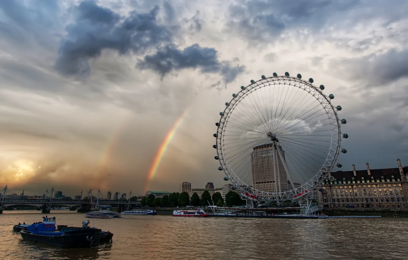 Фото обои лондон, радуга, карусель, темза, лондон-ай
