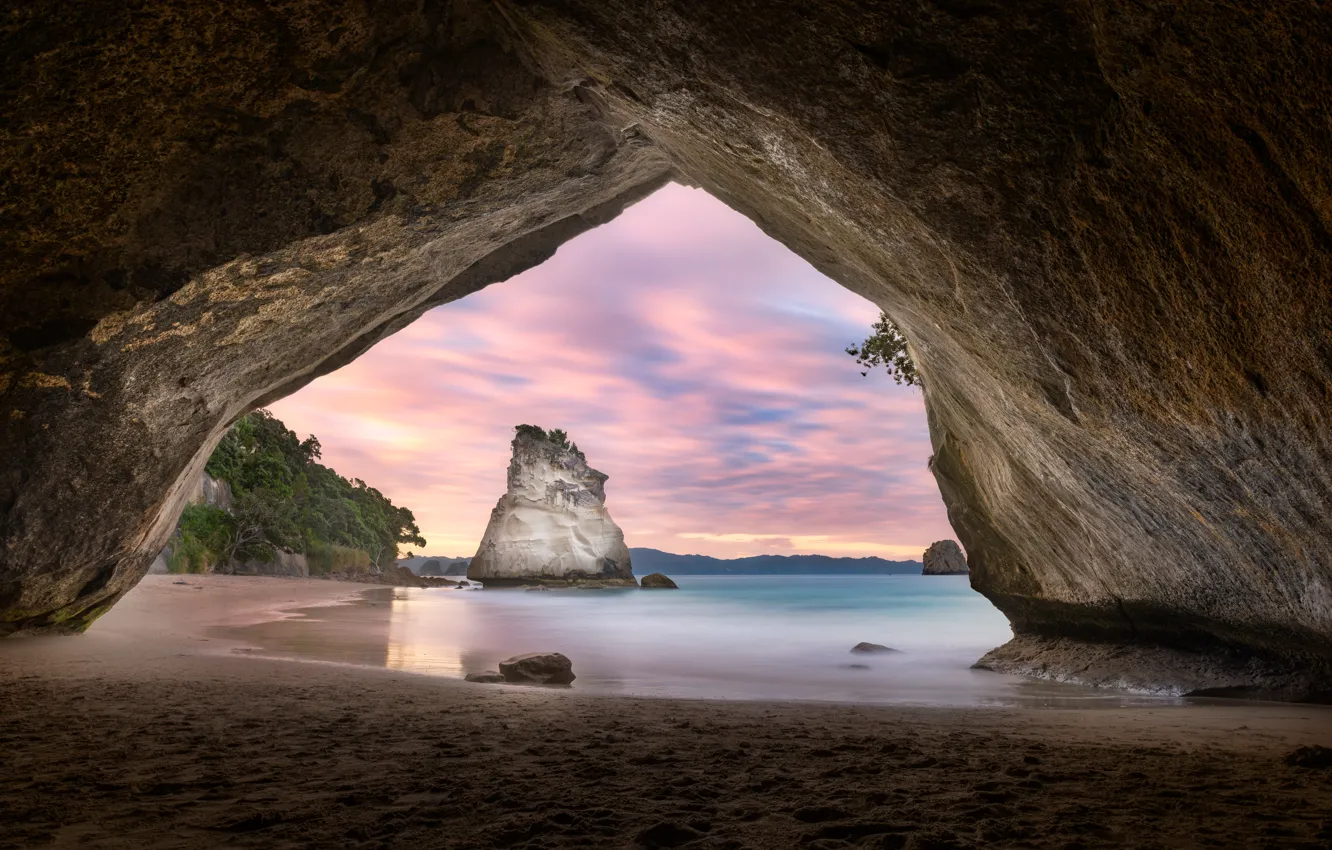 Фото обои море, пляж, пейзаж, закат, природа, скала, Новая Зеландия, арка