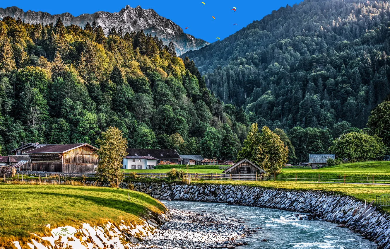Фото обои пейзаж, горы, природа, дома, Германия, долина, Бавария, леса
