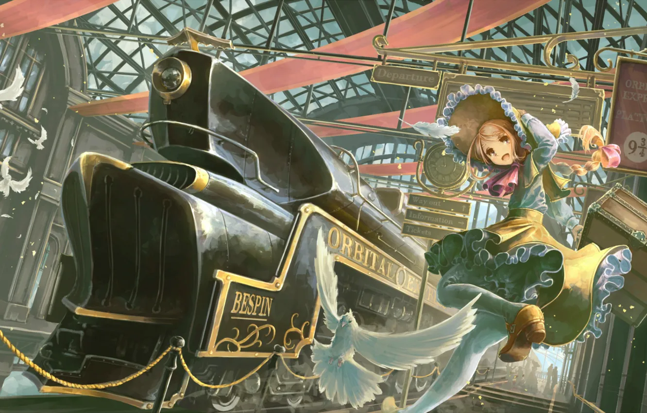 Фото обои вокзал, поезд, голуби, девочка, коса, чемодан, бежит, оборки