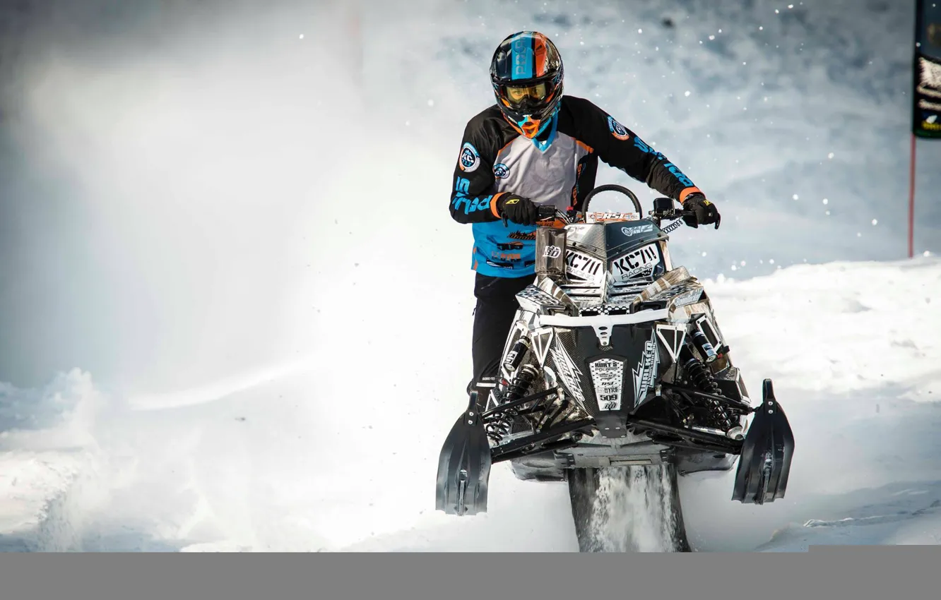 Фото обои прыжок, Снег, Snow, снегоход, Polaris, snowmobile, Полярис