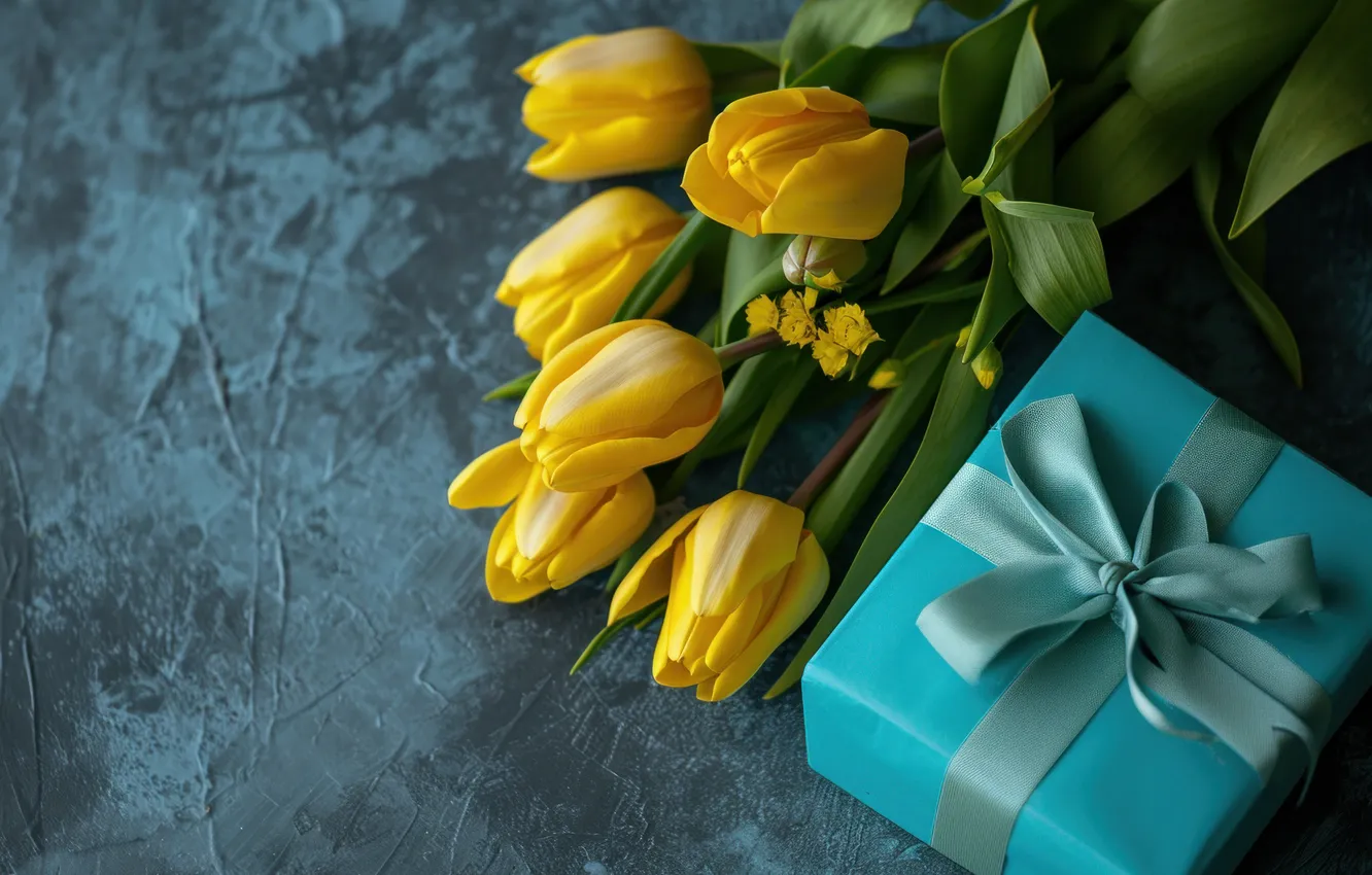 Фото обои цветы, праздник, подарок, букет, тюльпаны, универсальный праздничный фон