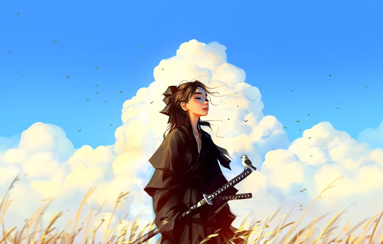 Фото обои girl, sword, fantasy, sky, bird, clouds, katana, mood