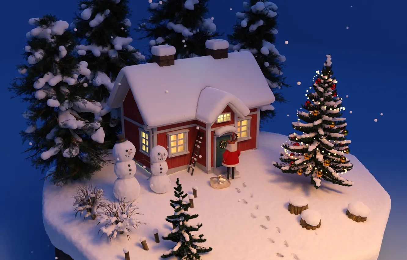 Фото обои снеговики, домик, ёлочки, новогоднее украшение