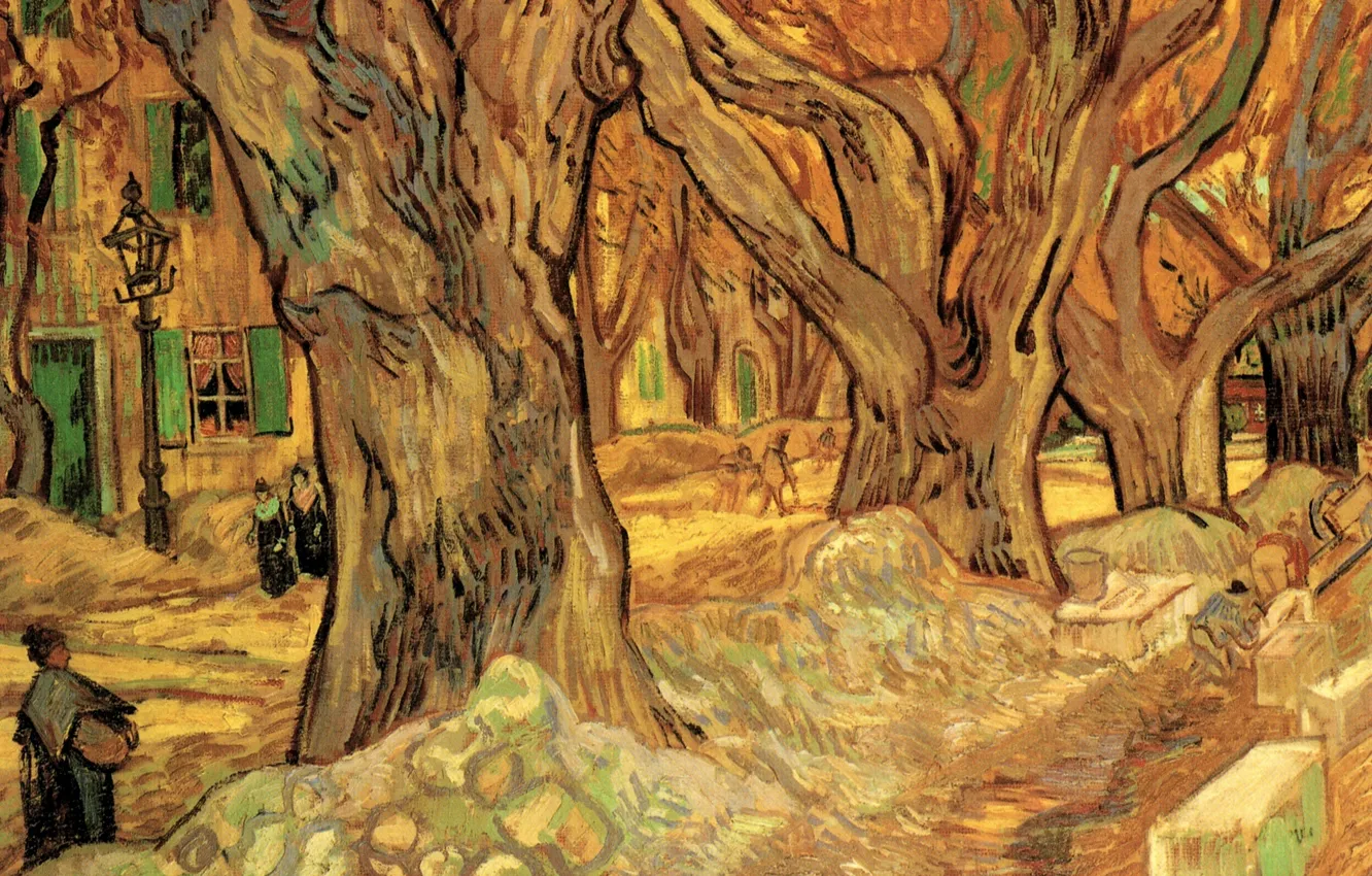 Фото обои зима, женщины, деревья, фонарь, лавочки, Винсент ван Гог, сугробики, The Road Menders 2