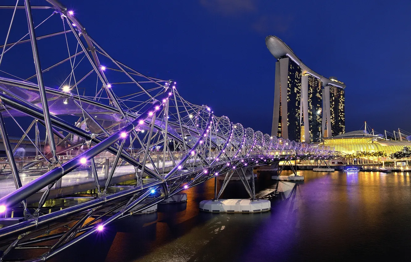 Фото обои небо, ночь, мост, огни, Азия, Сингапур, отель, Марина Бэй