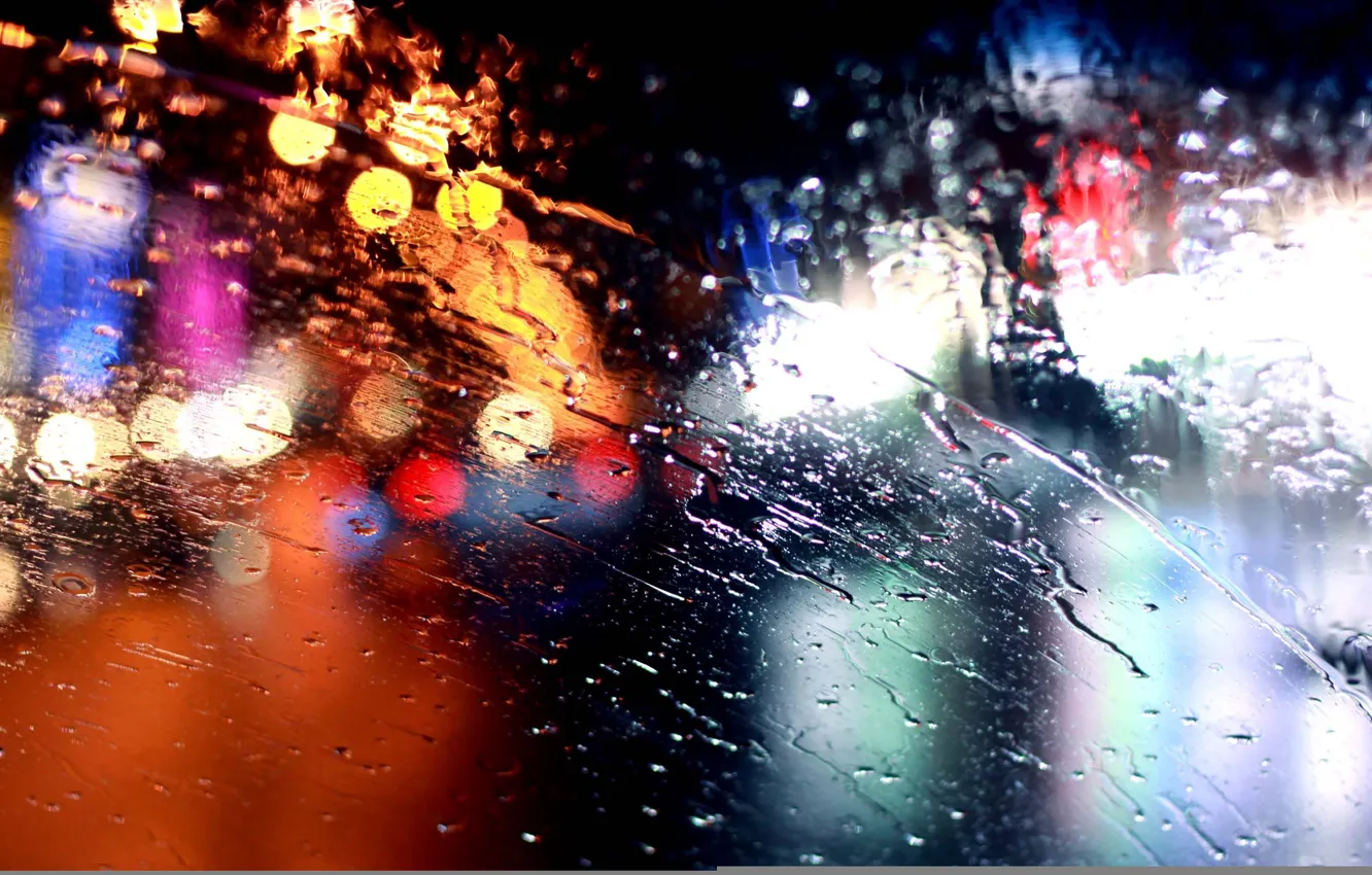Фото обои стекло, огни, дождь, rain, bokeh