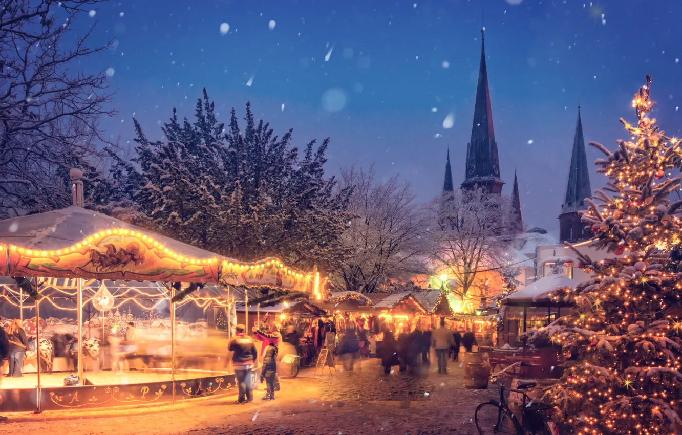 Фото обои зима, снег, город, праздник, новый год, рождество, вечер, Германия