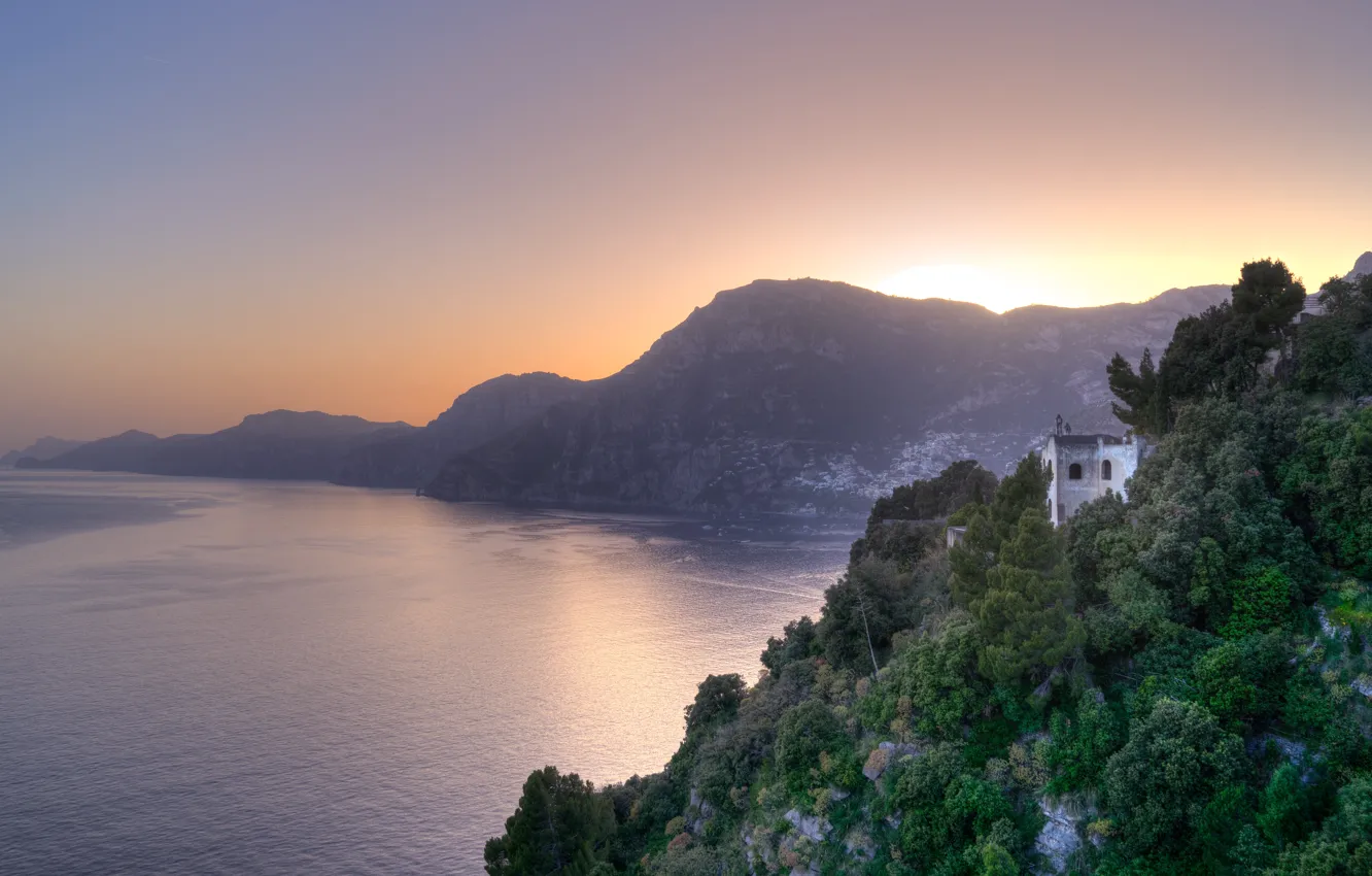 Фото обои Закат, Природа, Панорама, Италия, Пейзаж, Landscape, Italy, Amalfi
