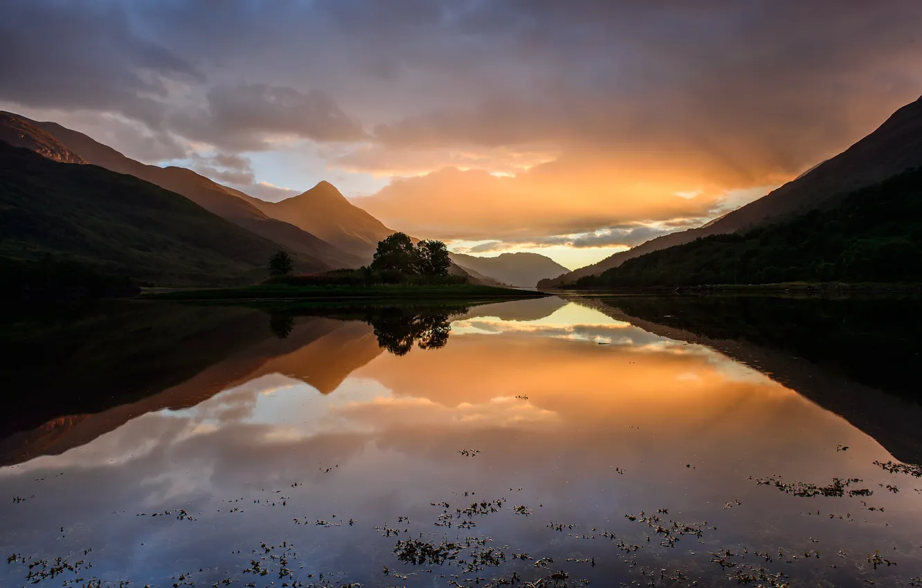Фото обои небо, вода, закат, холмы, Шотландия, сентябрь, Highlands