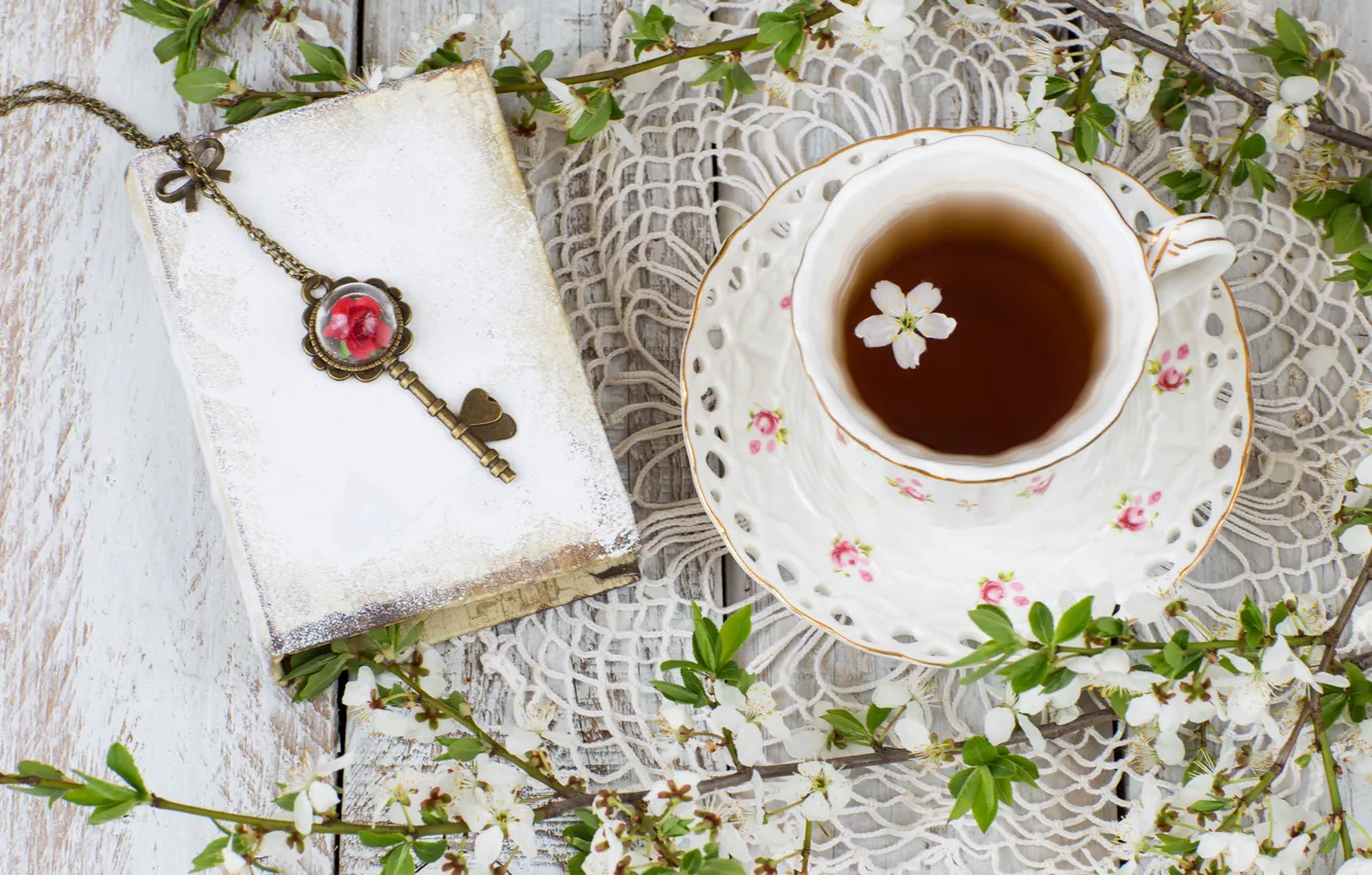 Фото обои весна, цветение, blossom, flowers, cup, spring, tea, чашка чая