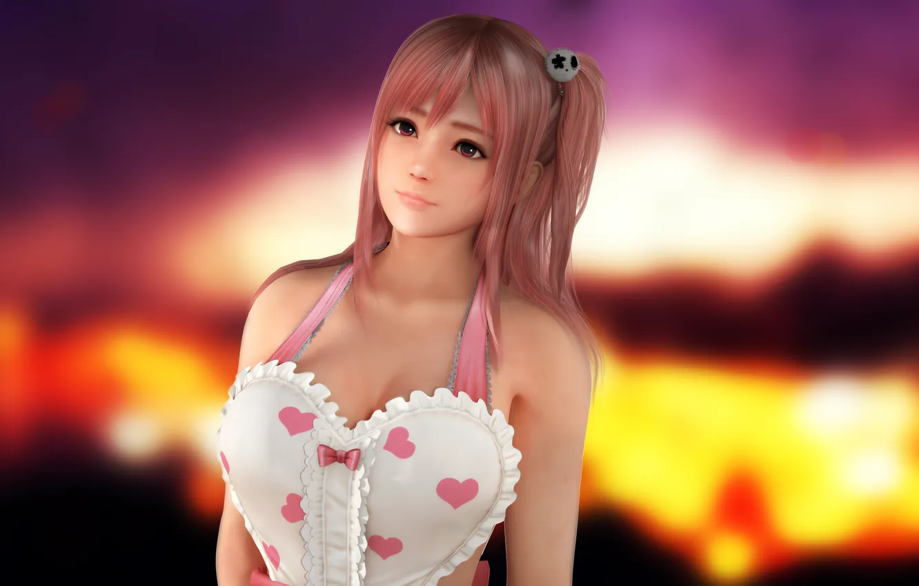 Фото обои girl, sexy, cleavage, blouse, pink hair, long hair, boobs, anime
