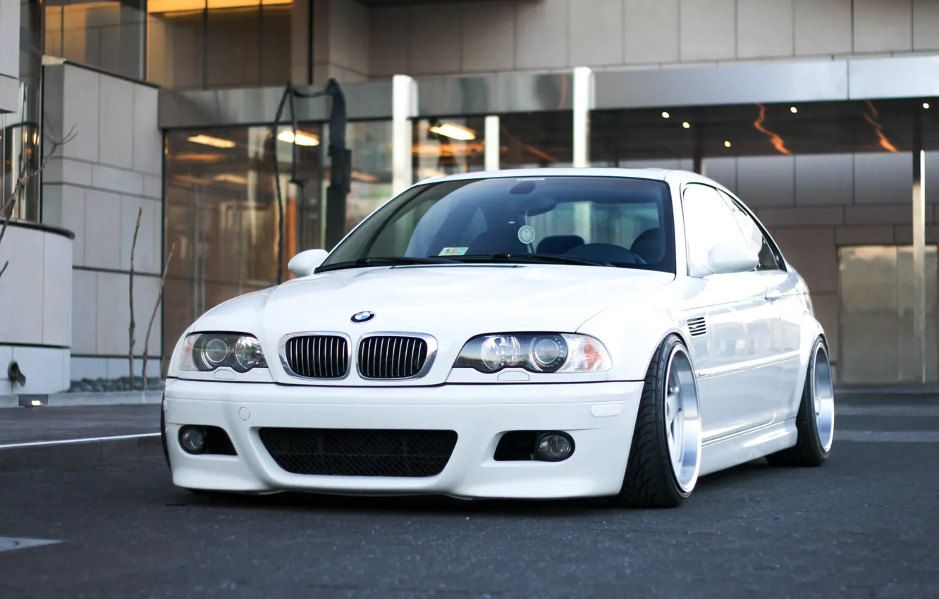 Фото обои тюнинг, BMW, Белая, диски, White, E46, stance