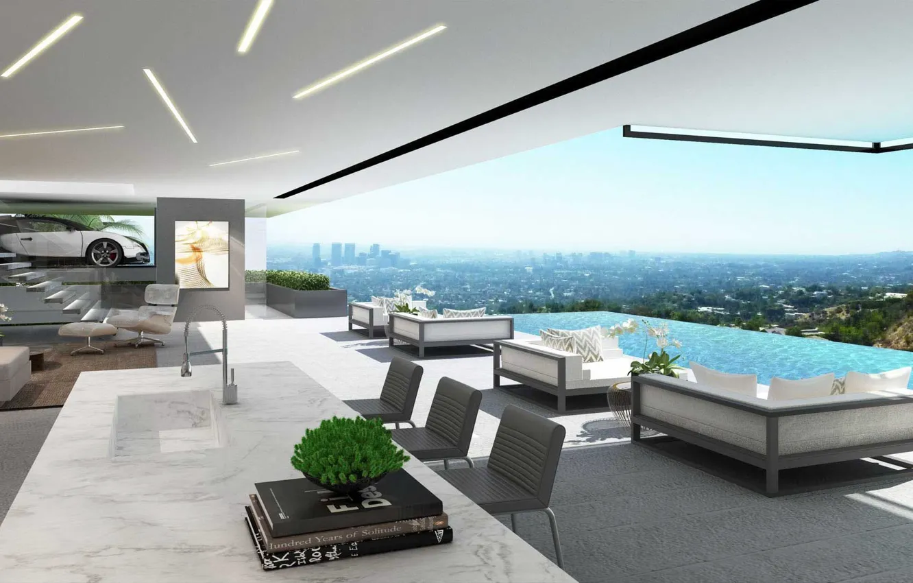 Фото обои вилла, интерьер, бассейн, мегаполис, терраса, гостиная, столовая, luxury villa
