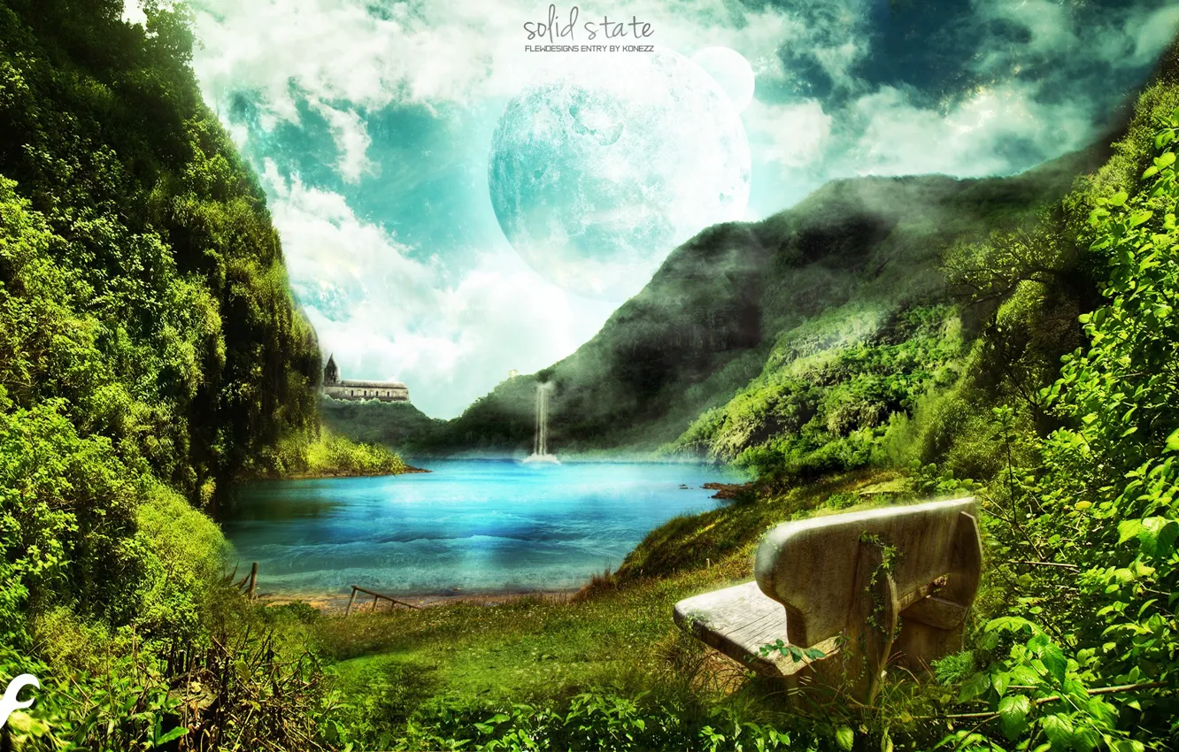 Фото обои зелень, небо, вода, скамейка, природа, река, гора