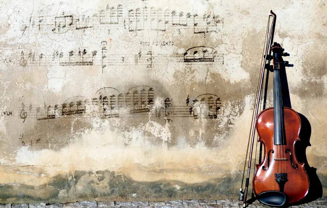 Фото обои ноты, музыка, стена, скрипка