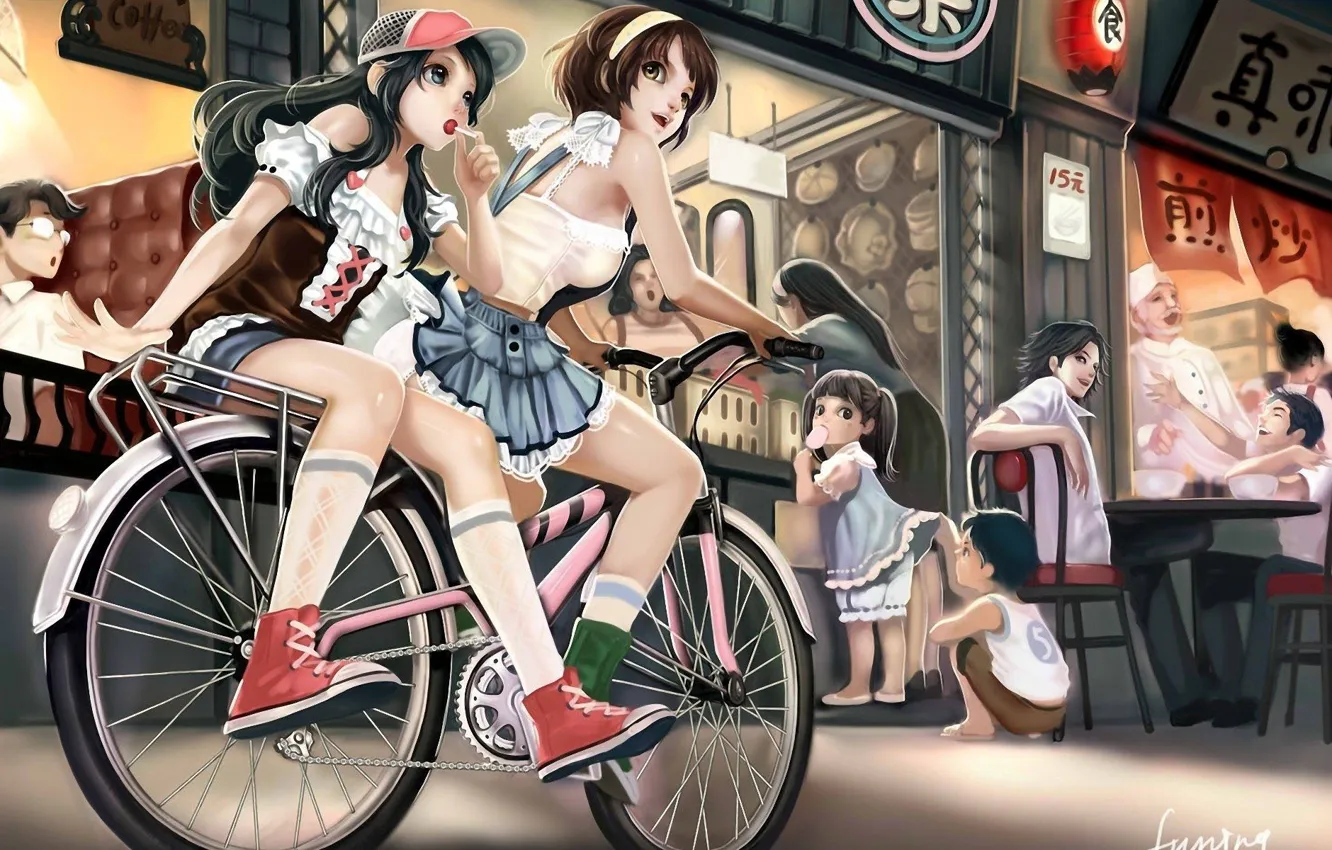 Фото обои велосипед, улица, девочки, аниме, арт, прогулка