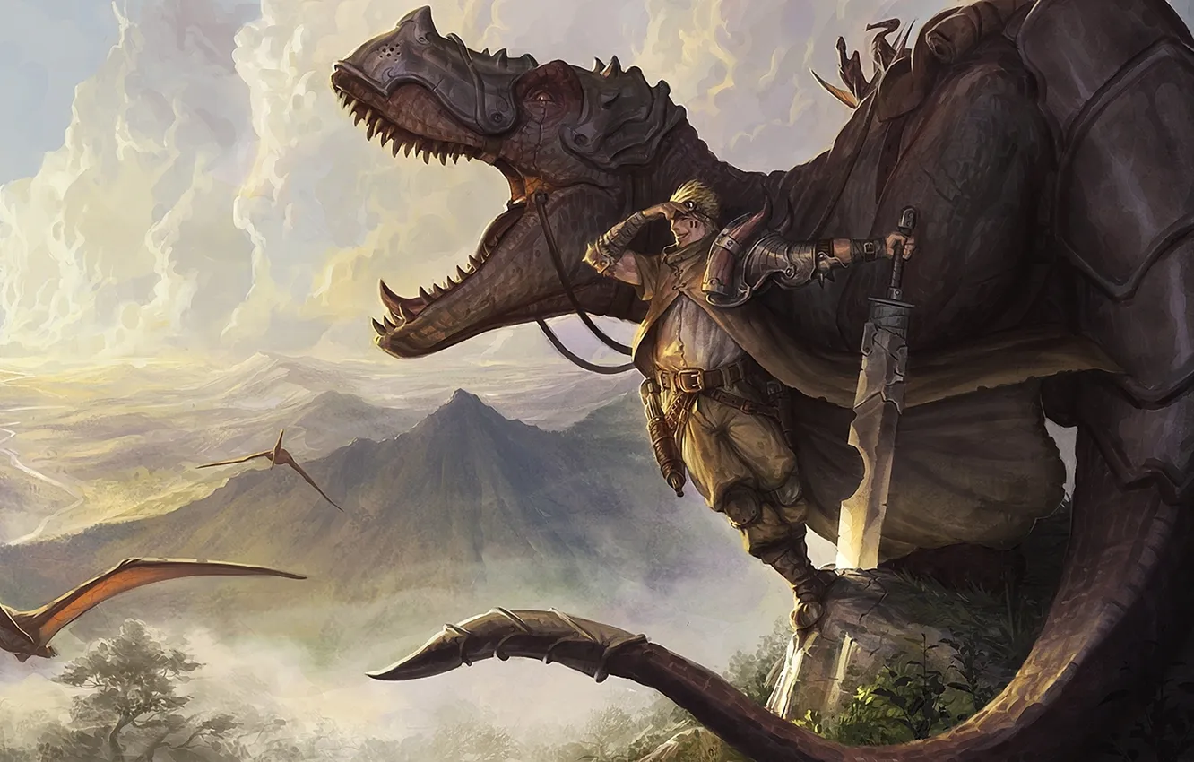Фото обои улыбка, обрыв, динозавр, меч, мужчина, броня, Арт, птеродактили
