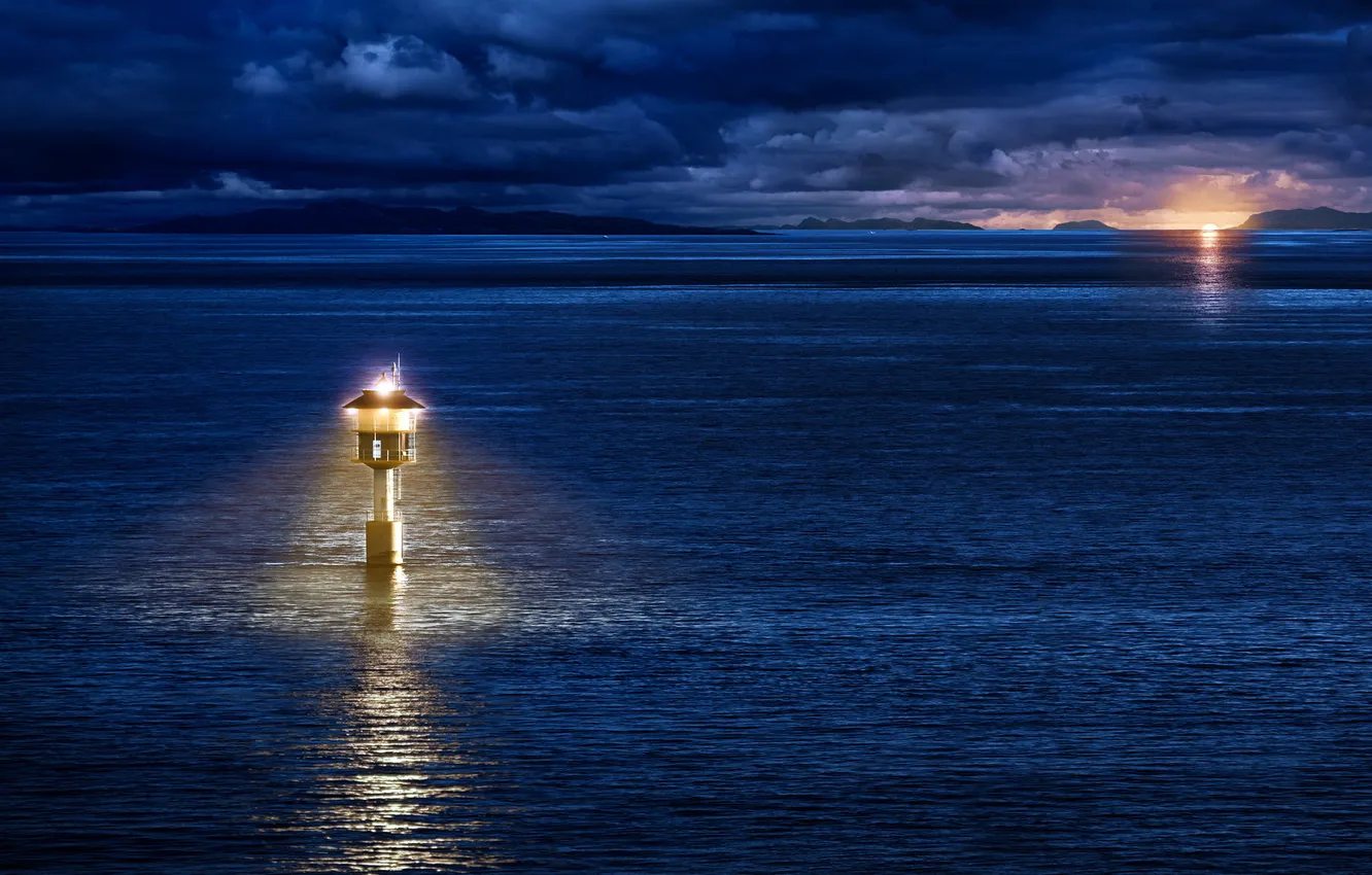 Фото обои море, пейзаж, ночь, маяк