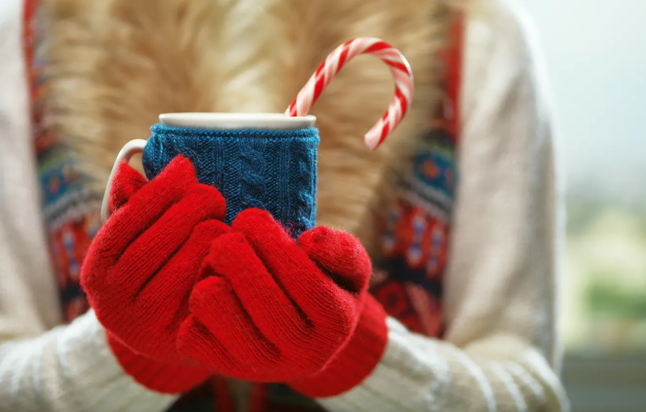 Фото обои зима, руки, кружка, winter, варежки, cup, какао, drink