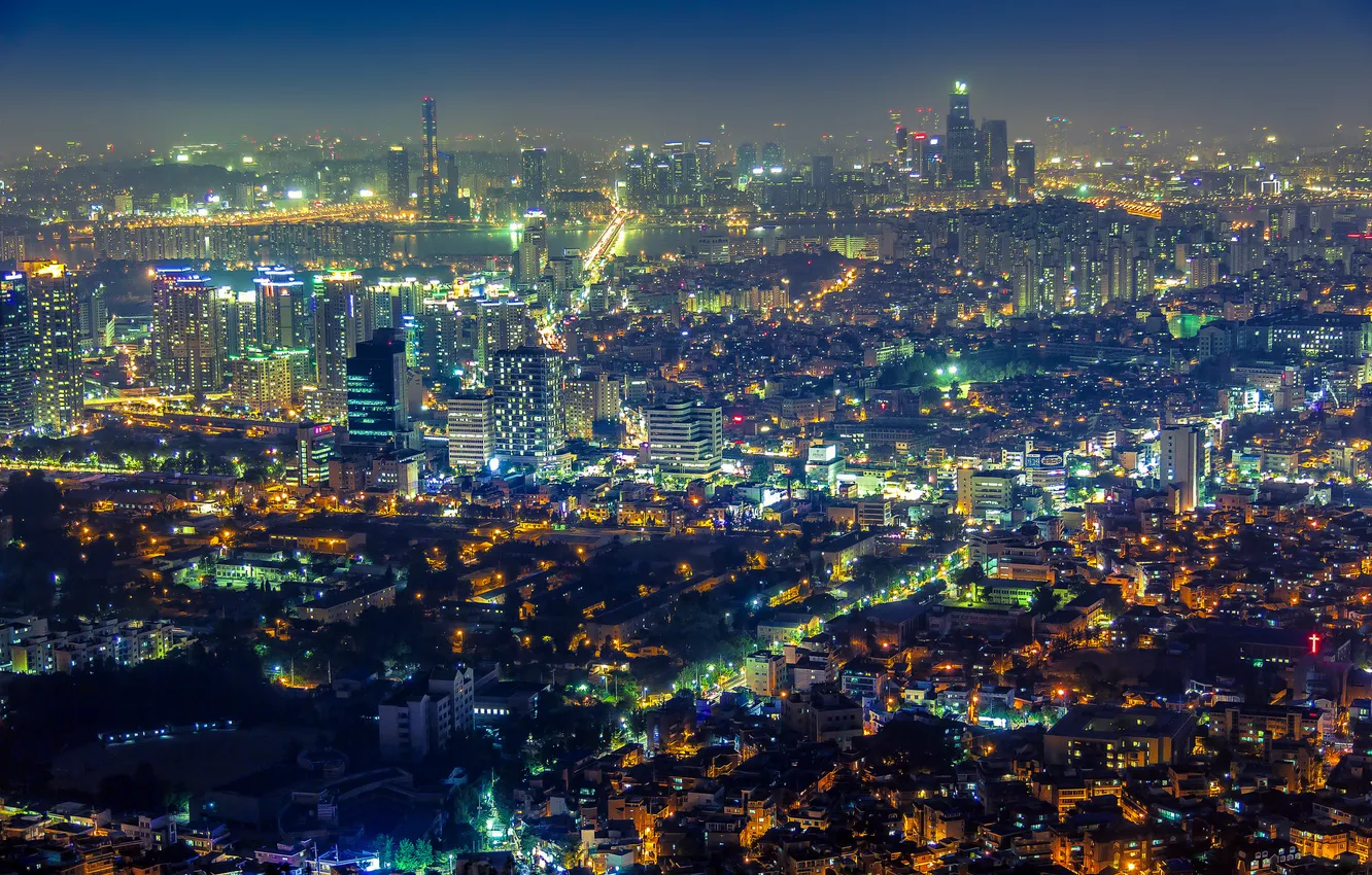 Фото обои ночь, огни, вид, панорама, небоскрёбы, Сеул, Южная Корея
